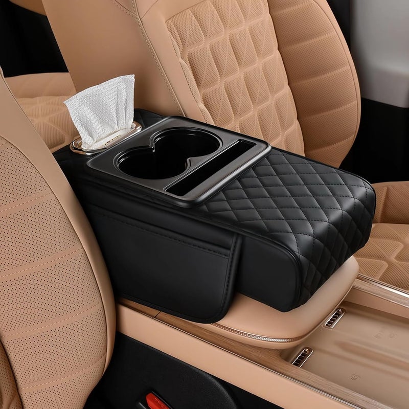 FREETOO Car Center Console Cover, Leather Armrest Cover for Car, Universal Middle Console Cushion with Storage Box, Cup Holder, Tissue Box & Phone Slot, Luxury Waterproof Interior Accessories, Black - Image 1